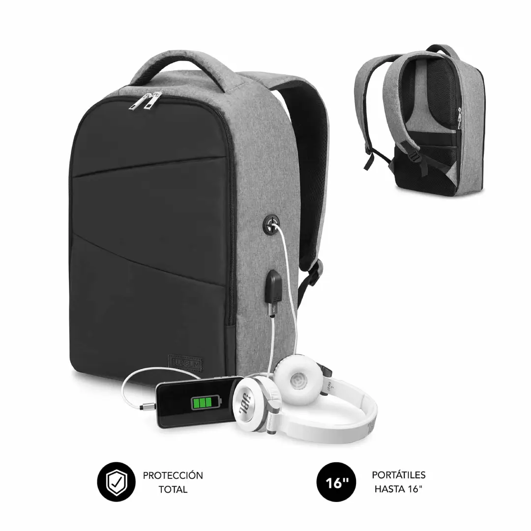 Imagen principal de la mochila Subblim Secure V2 Air de 16" en color gris, con diseño antirrobo, puerto USB y acabado profesional – Electrocash
