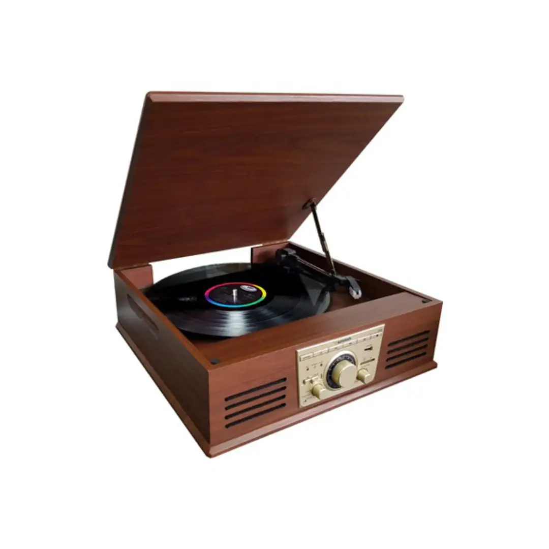 Vista lateral del tocadiscos Sunstech PXR-32WD mostrando su elegante carcasa de madera y altavoces integrados – Electrocash