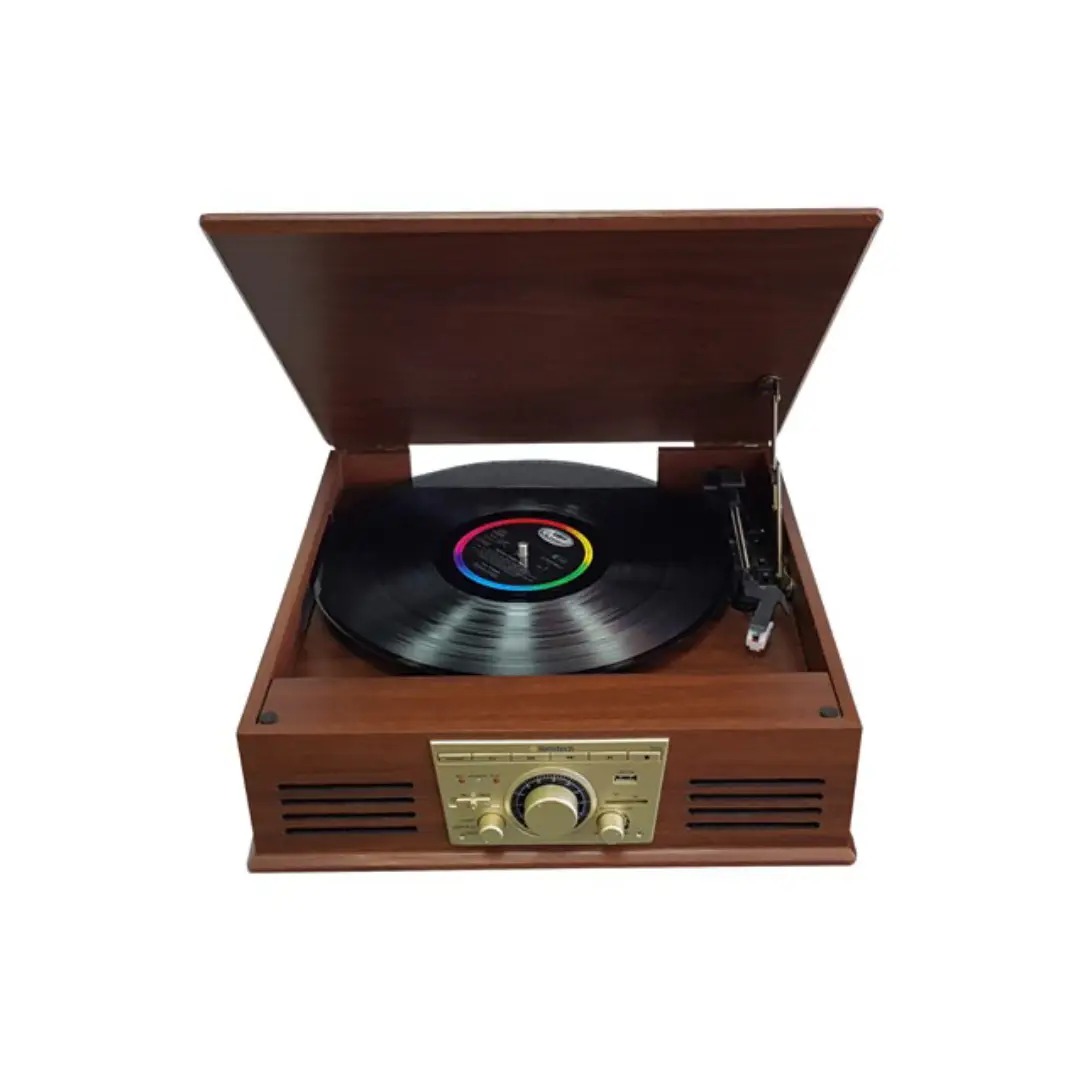 Tocadiscos Sunstech PXR-32WD con acabado en madera, Bluetooth, 3 velocidades, radio FM estéreo y múltiples conexiones, ideal para disfrutar de la música con estilo retro – Electrocash
