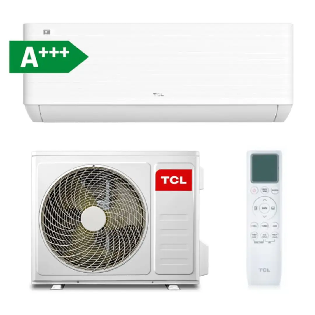 Vista del aire acondicionado TCL GentleCool-S09P8S0 con unidad exterior, unidad interior y mando a distancia para un control completo | Electrocash