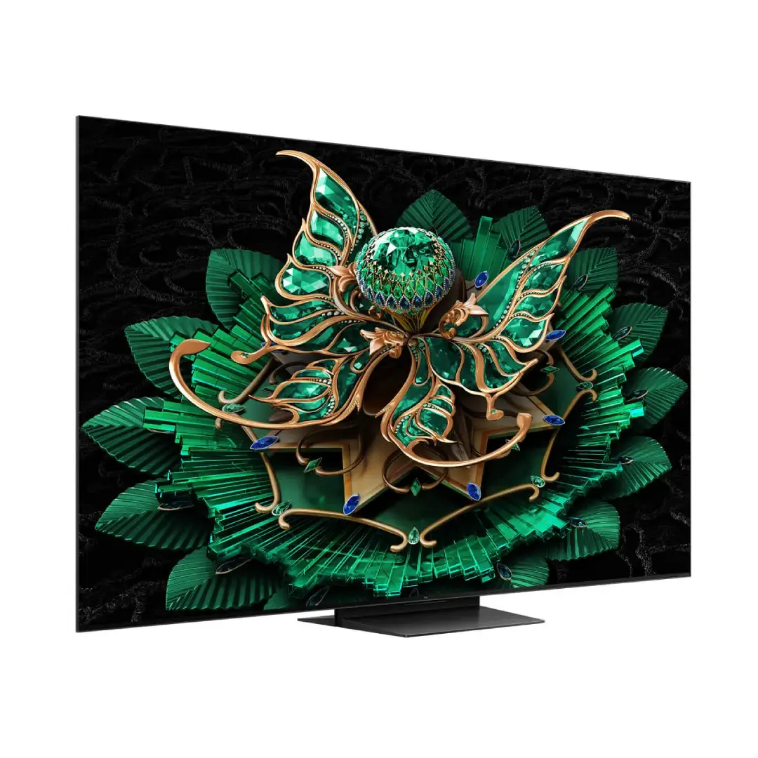 Imagen lateral del TCL 85C7K mostrando su delgado marco QD-MiniLED y diseño moderno en gran formato – Electrocash