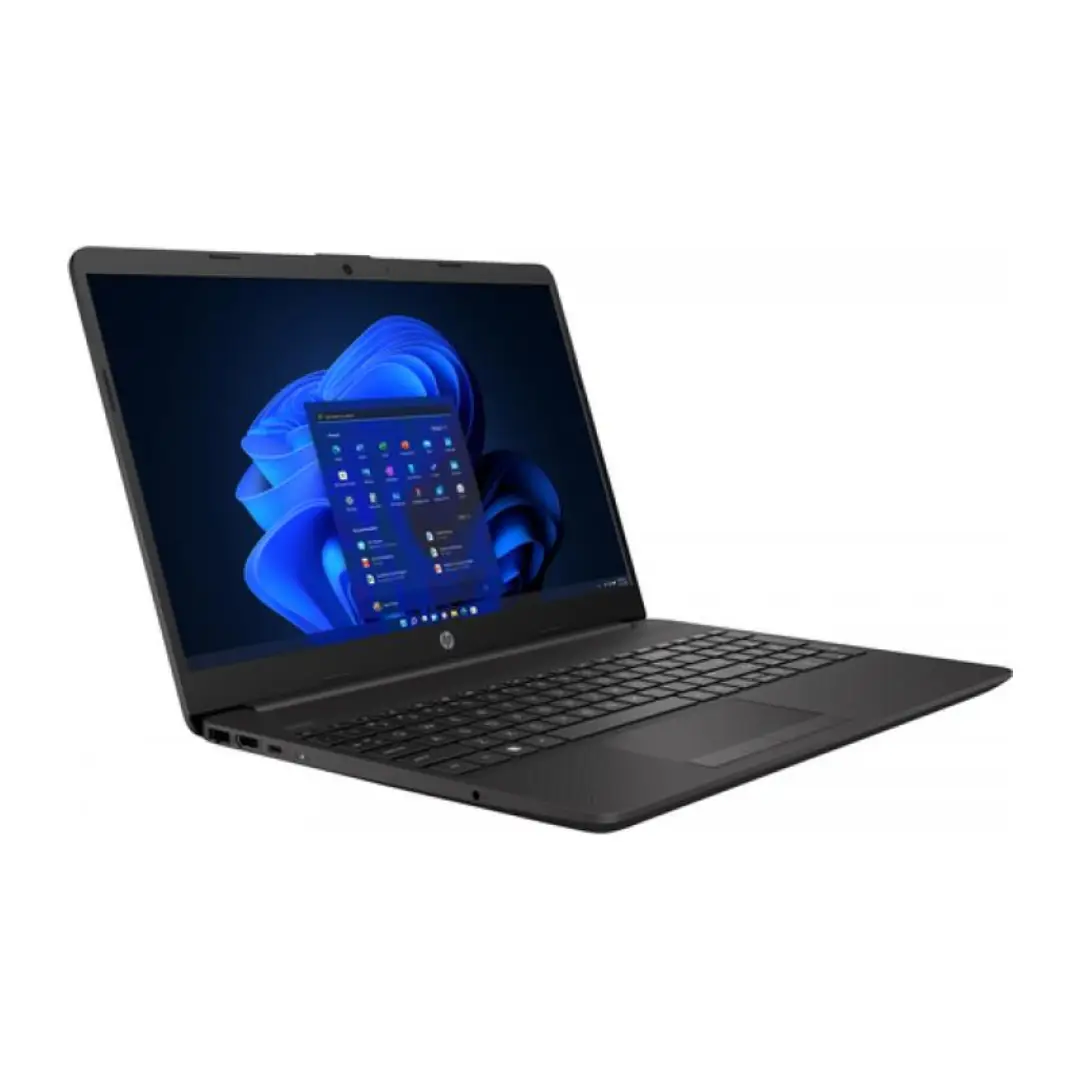 Imagen lateral del portátil HP 250 G9 mostrando su perfil delgado, puertos de conexión y acabado en color gris oscuro – Electrocash