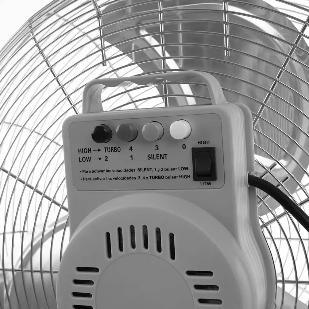 Parte trasera del ventilador Orbegozo PW-1445 mostrando el panel de controles y selector de velocidades – Electrocash