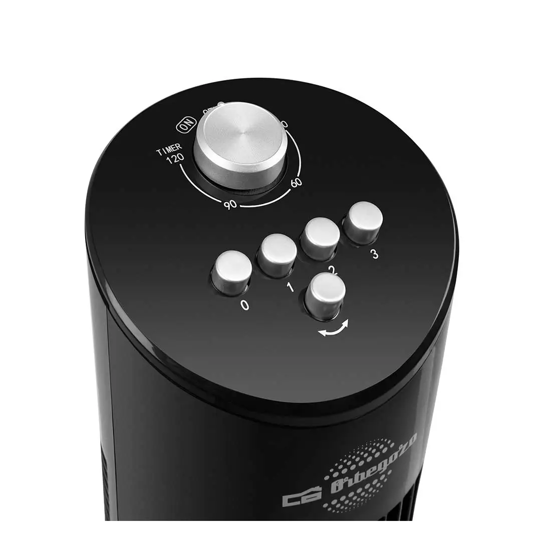 Vista del panel de control del ventilador Orbegozo TW-0800 con mandos giratorios para controlar velocidad, temporizador y modo oscilante – Electrocash