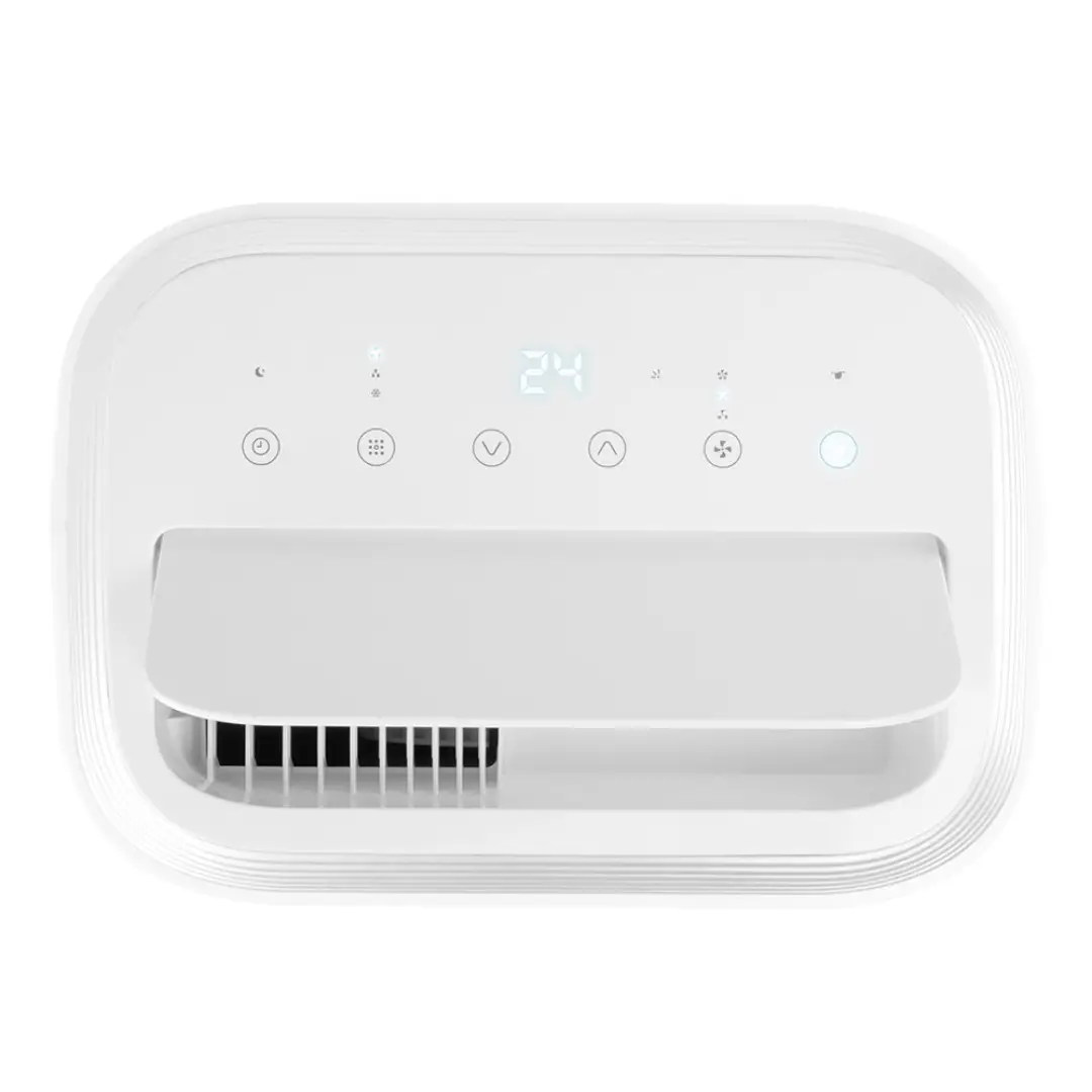 Primer plano del panel LED del aire acondicionado portátil Orbegozo ADR-122 con indicadores claros de temperatura y funciones – Electrocash