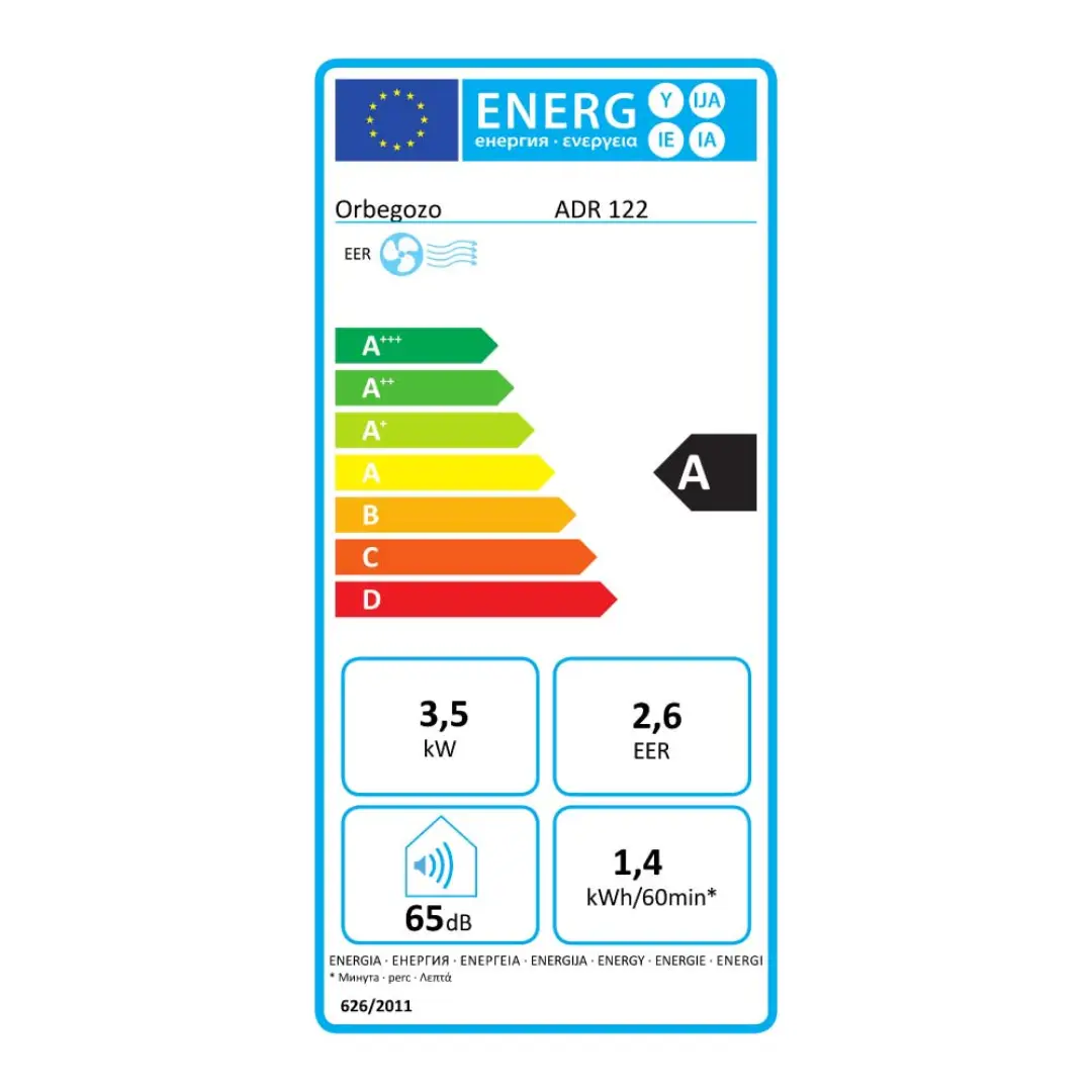 Etiqueta de eficiencia energética del aire acondicionado portátil Orbegozo ADR-122 mostrando su clasificación energética y consumo – Electrocash