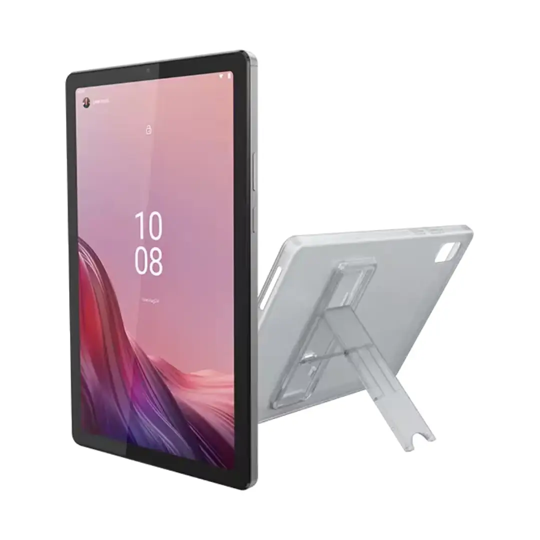 Tablet Lenovo Tab M9 mostrando su diseño con soporte trasero activado, perfecta para ver vídeos sin sujetarla