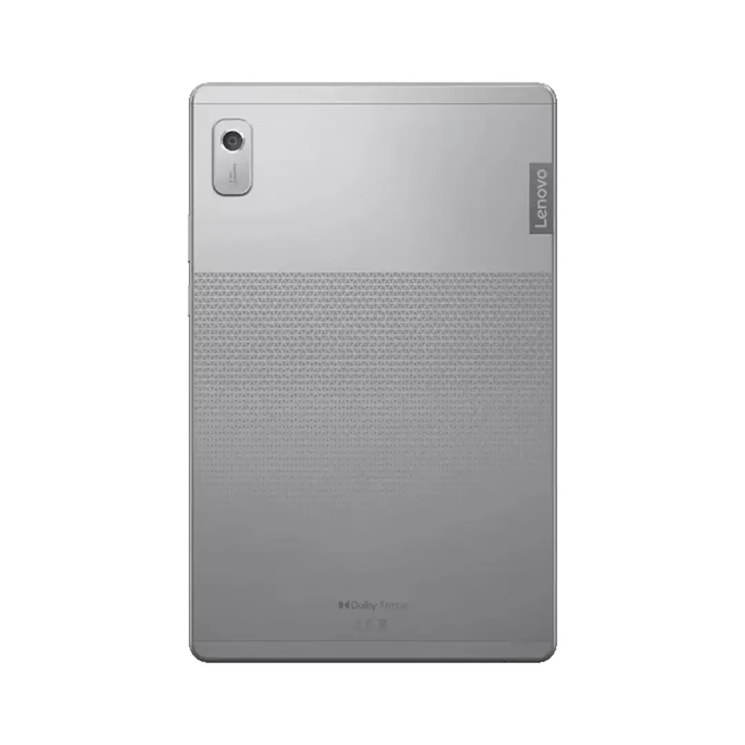 Imagen de la parte posterior de la Lenovo Tab M9, destacando su acabado gris ártico y cámara trasera integrada