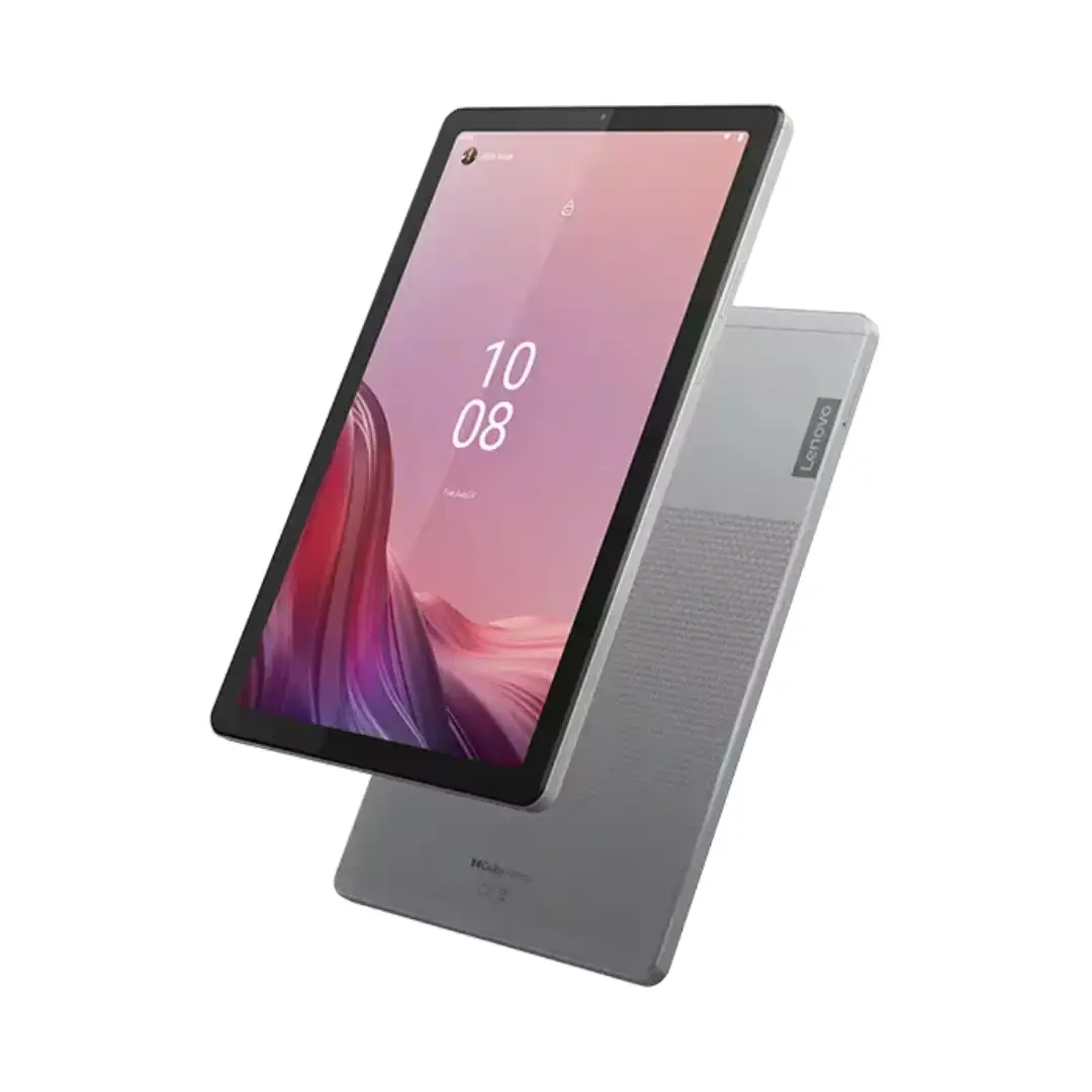 Vista frontal de la tablet Lenovo Tab M9 de 9 pulgadas en color Arctic Grey con pantalla HD, ideal para entretenimiento y navegación
