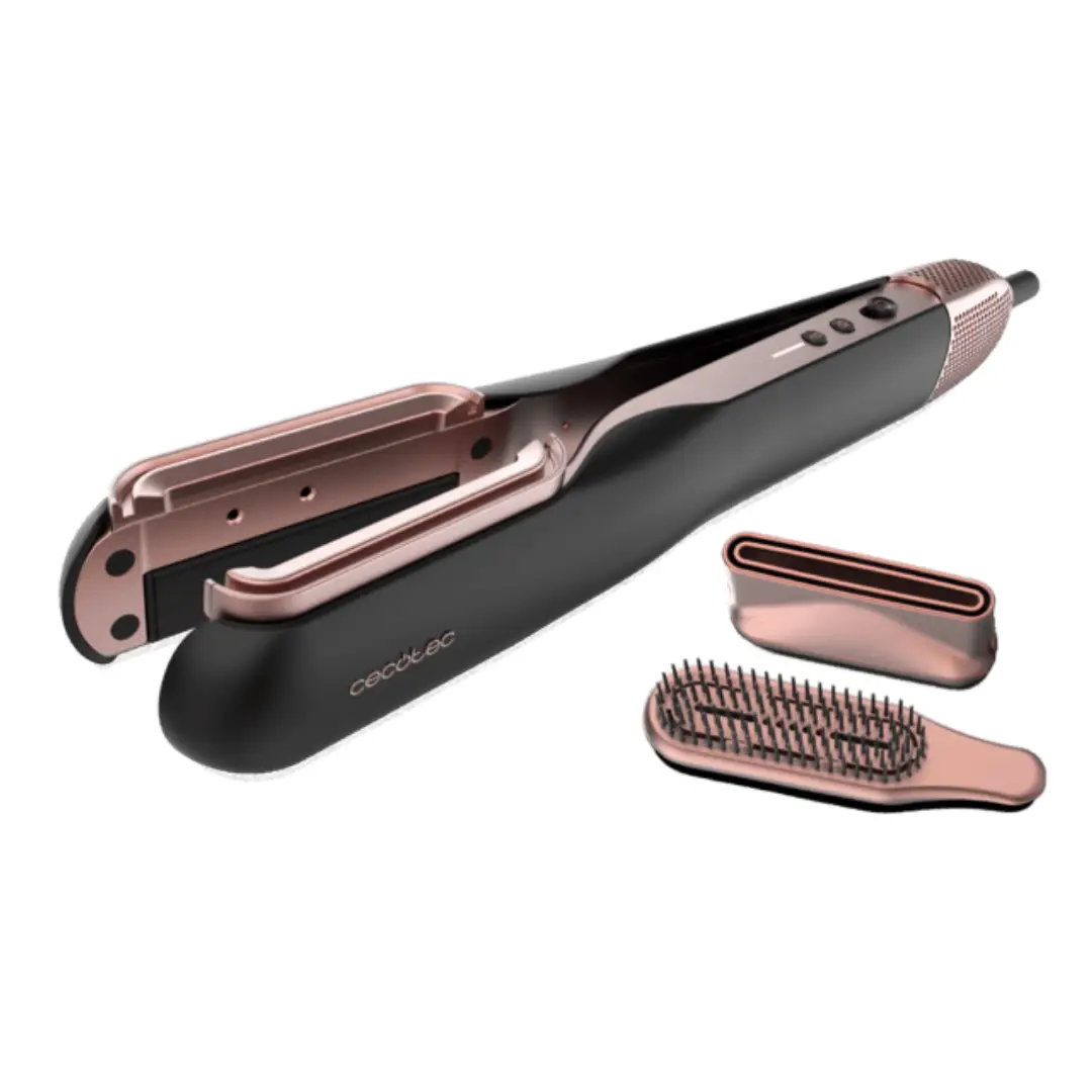 Imagen de la plancha de pelo Aire 2 en 1 Cecotec acompañada de sus dos cepillos intercambiables para estilizar el cabello con diferentes acabados – Electrocash