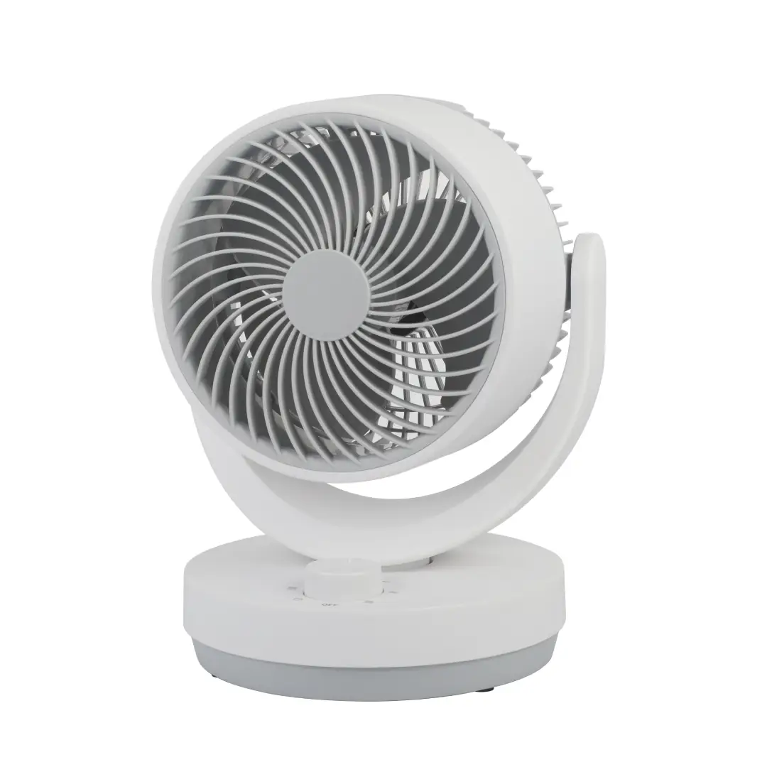 Imagen del ventilador de mesa Lagos Blanco Abrila, con motor AC de 35W y 3 velocidades, ideal para mantener frescos espacios pequeños y medianos – Electrocash