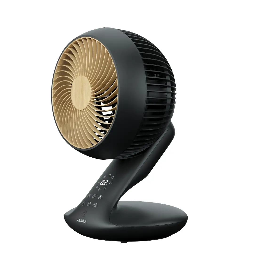 Vista del ventilador de sobremesa Miera Negro Abrila con motor DC de 20W, 8 velocidades y tres modos de aire para un ambiente fresco y cómodo en todo momento – Electrocash