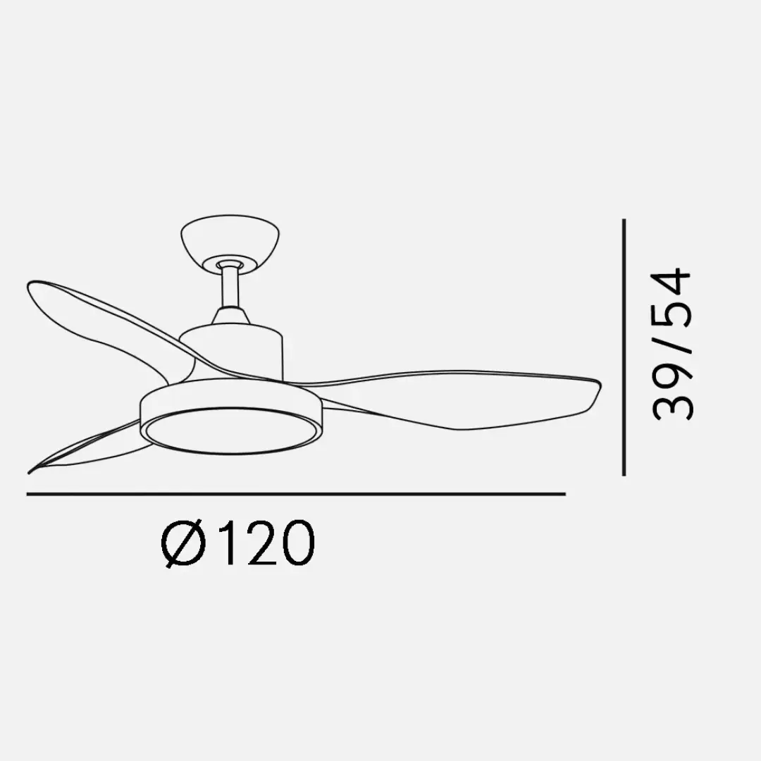 Medidas del ventilador de techo Hayate Blanco Abrila DC, con 120 cm de diámetro ideal para refrescar espacios amplios, y motor eficiente de 48W | Electrocash