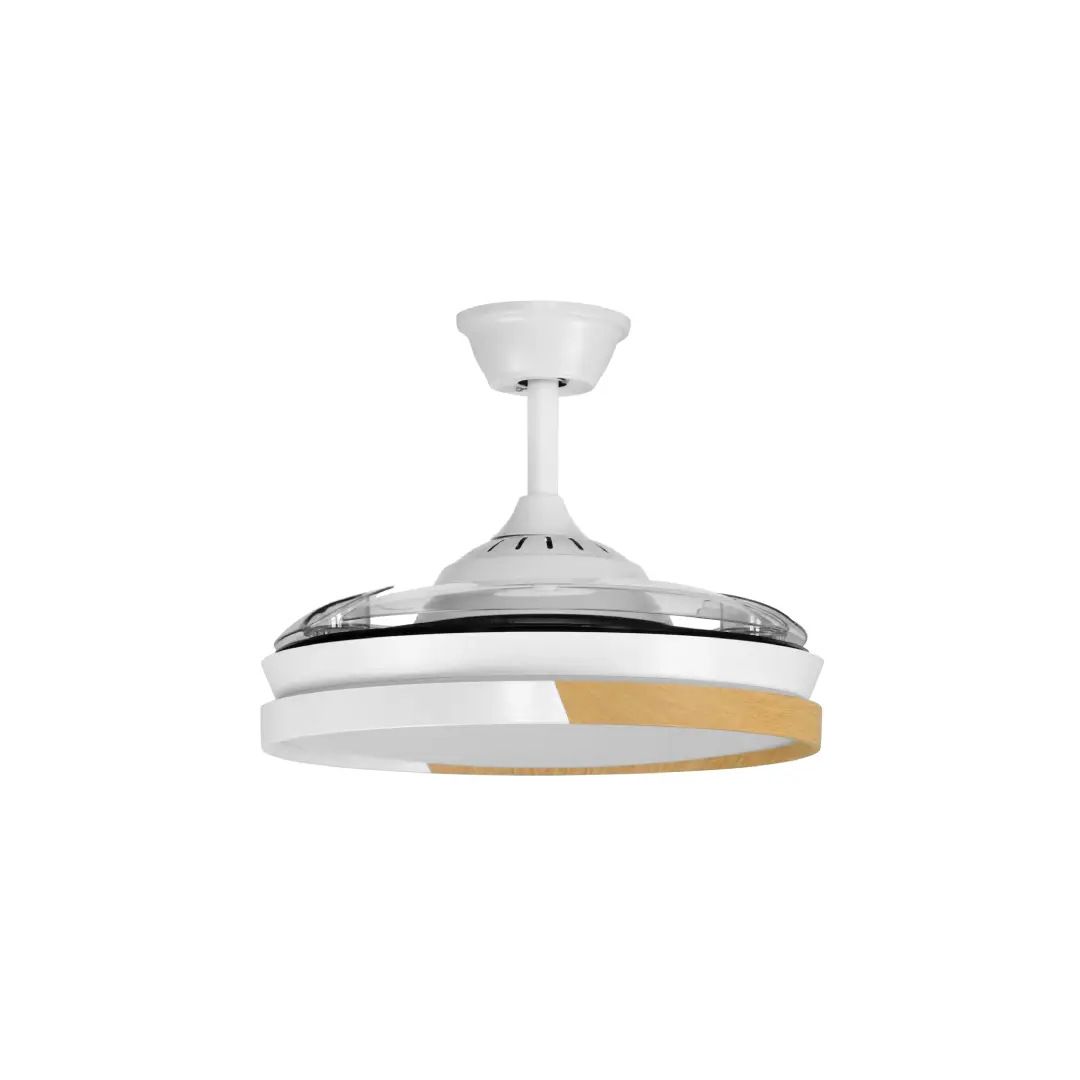 Imagen del ventilador de techo Abrila modelo Emperador Blanco con las aspas recogidas y luz regulable activada – Electrocash