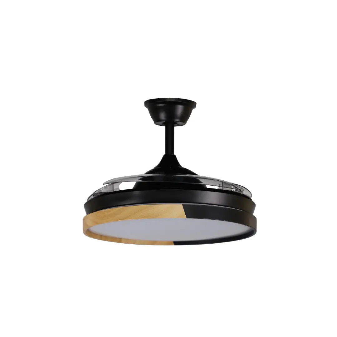 Vista del ventilador Abrila Emperador Negro con las aspas recogidas y luz LED regulable activada – Electrocash