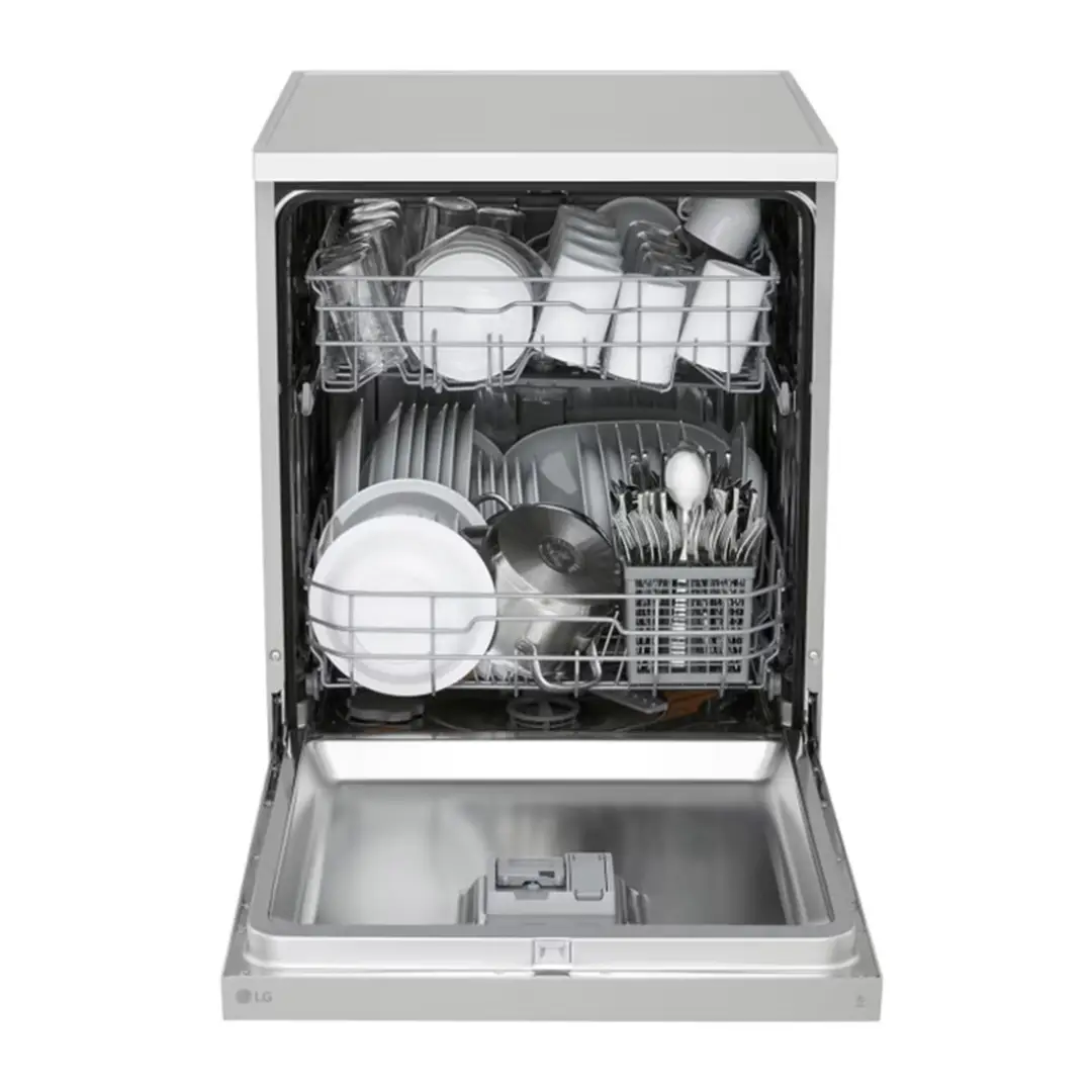 Lavavajillas LG DF-142FV abierto, con su interior mostrando bandejas y capacidad para 14 cubiertos – Electrocash