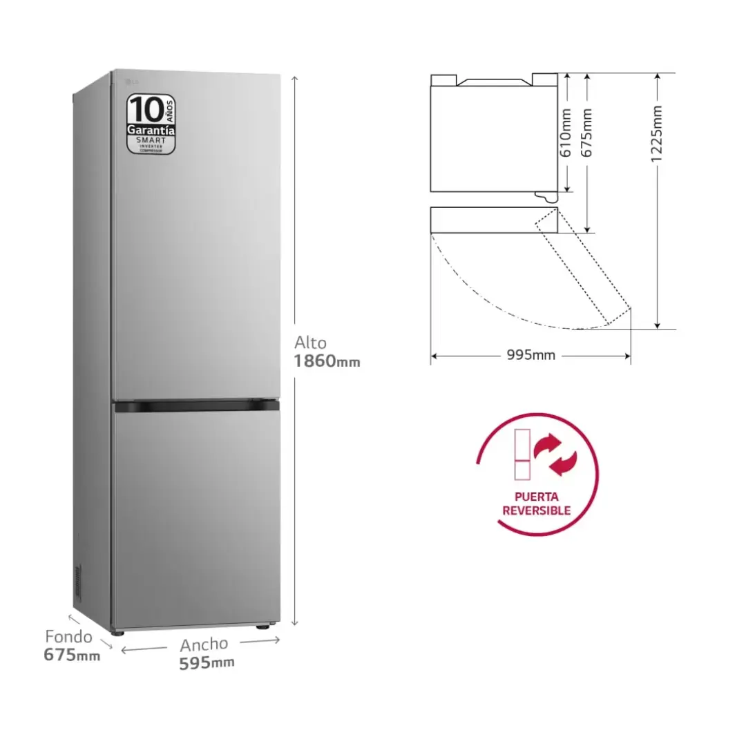 Vista lateral del LG GBV-3100CPY, mostrando sus dimensiones compactas y capacidad total de 344L – Electrocash