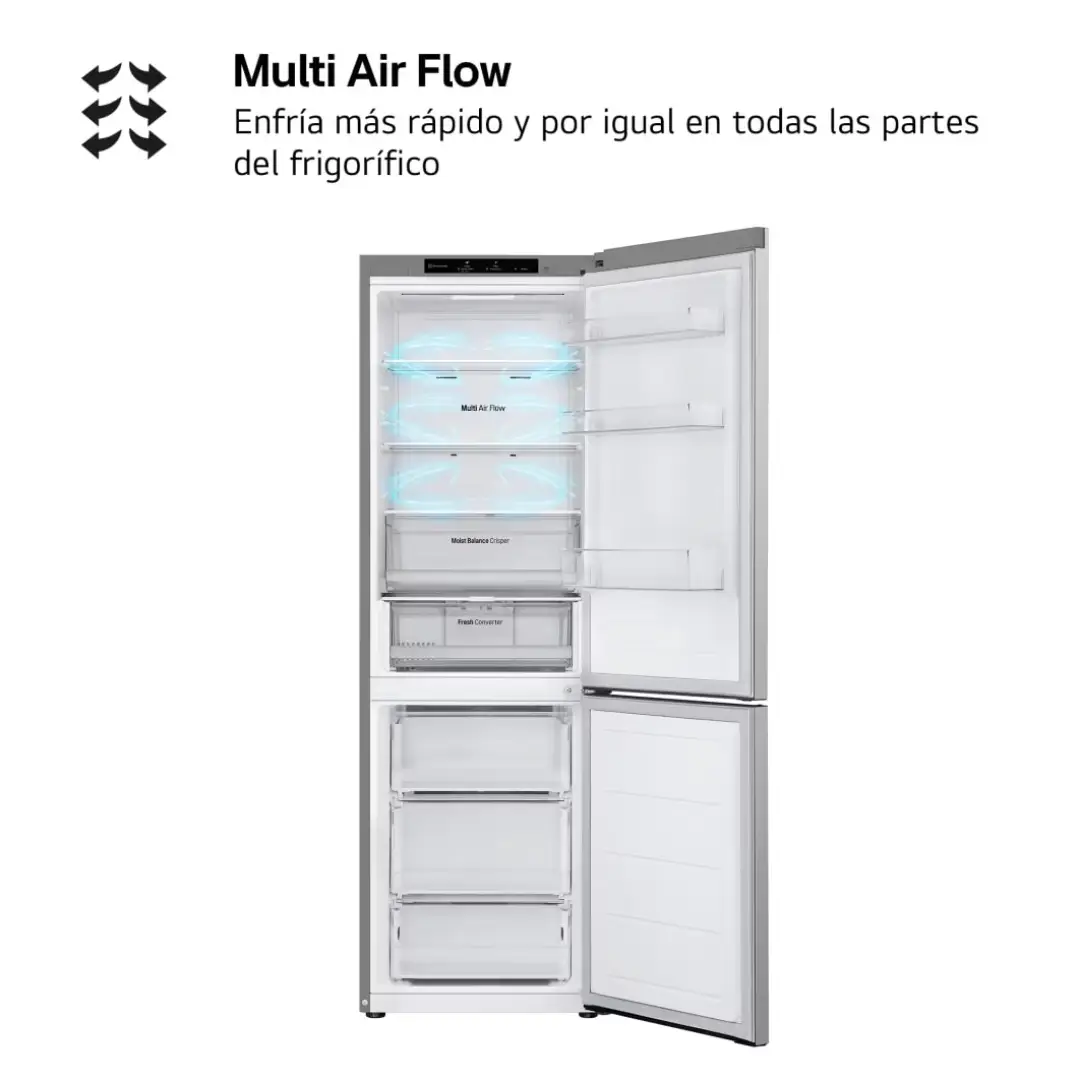 Imagen del frigorífico LG GBV-3100CPY completamente abierto, destacando su amplio interior con estantes y compartimentos – Electrocash