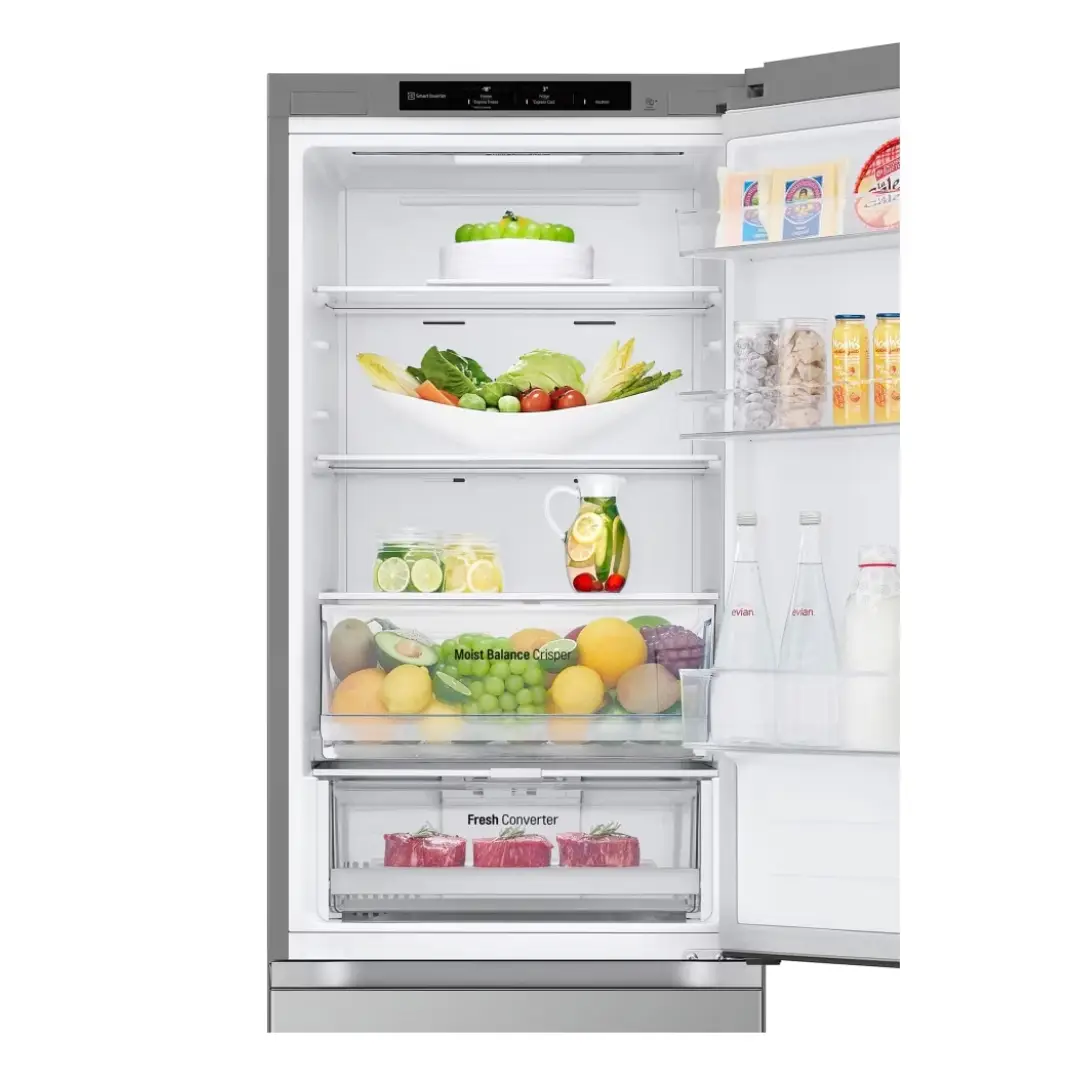 Foto del LG GBV-3100CPY abierto y lleno, mostrando su espacioso interior con productos almacenados de forma ordenada – Electrocash