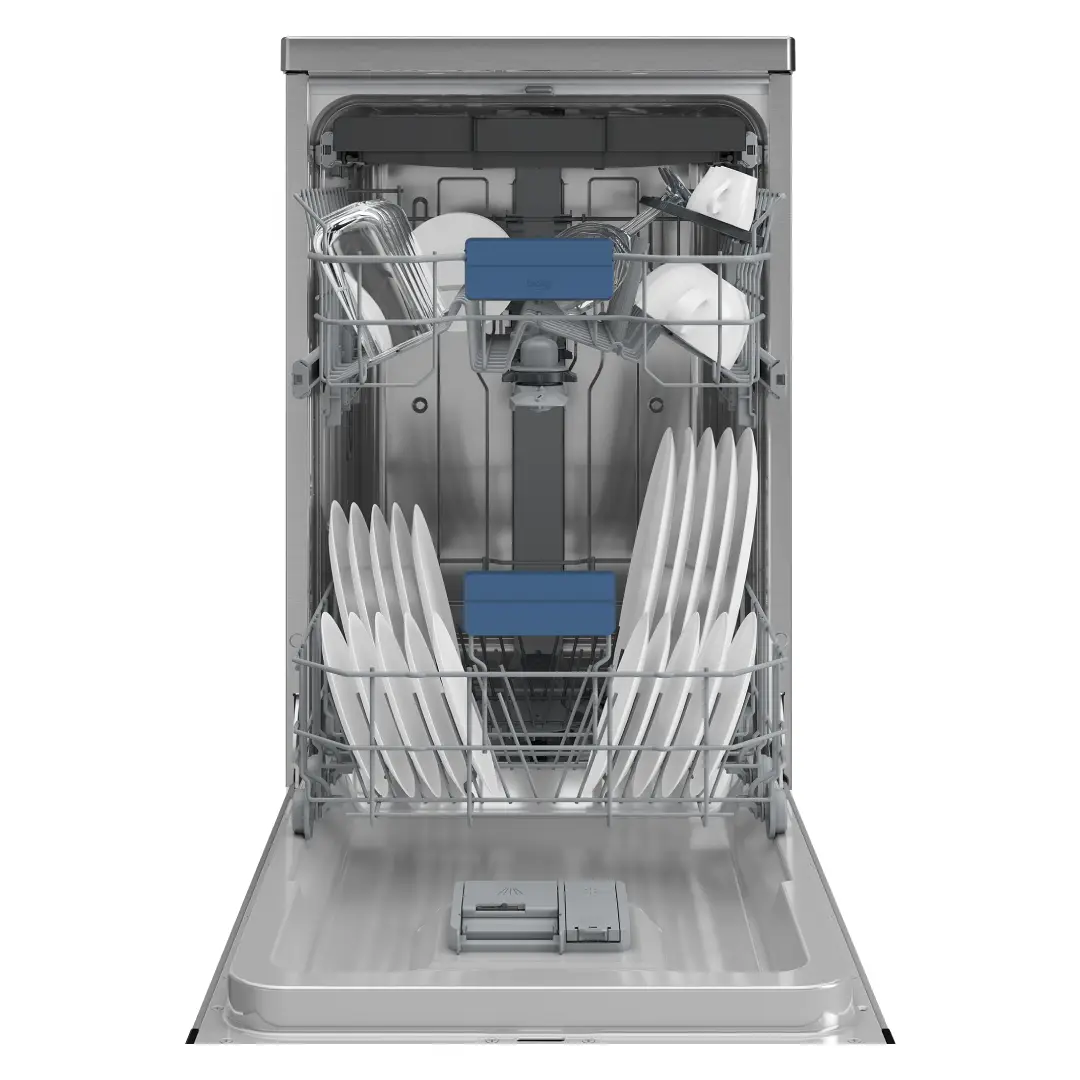 Interior del lavavajillas Beko BDFS-26046XQ completamente lleno, destacando sus bandejas y capacidad para 10 cubiertos – Electrocash