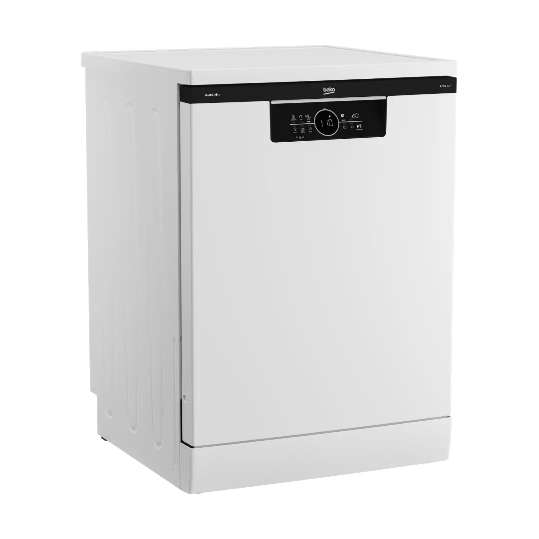 Imagen lateral del lavavajillas Beko BDFN-26420WA en acabado blanco, destacando su diseño moderno y compacto – Electrocash