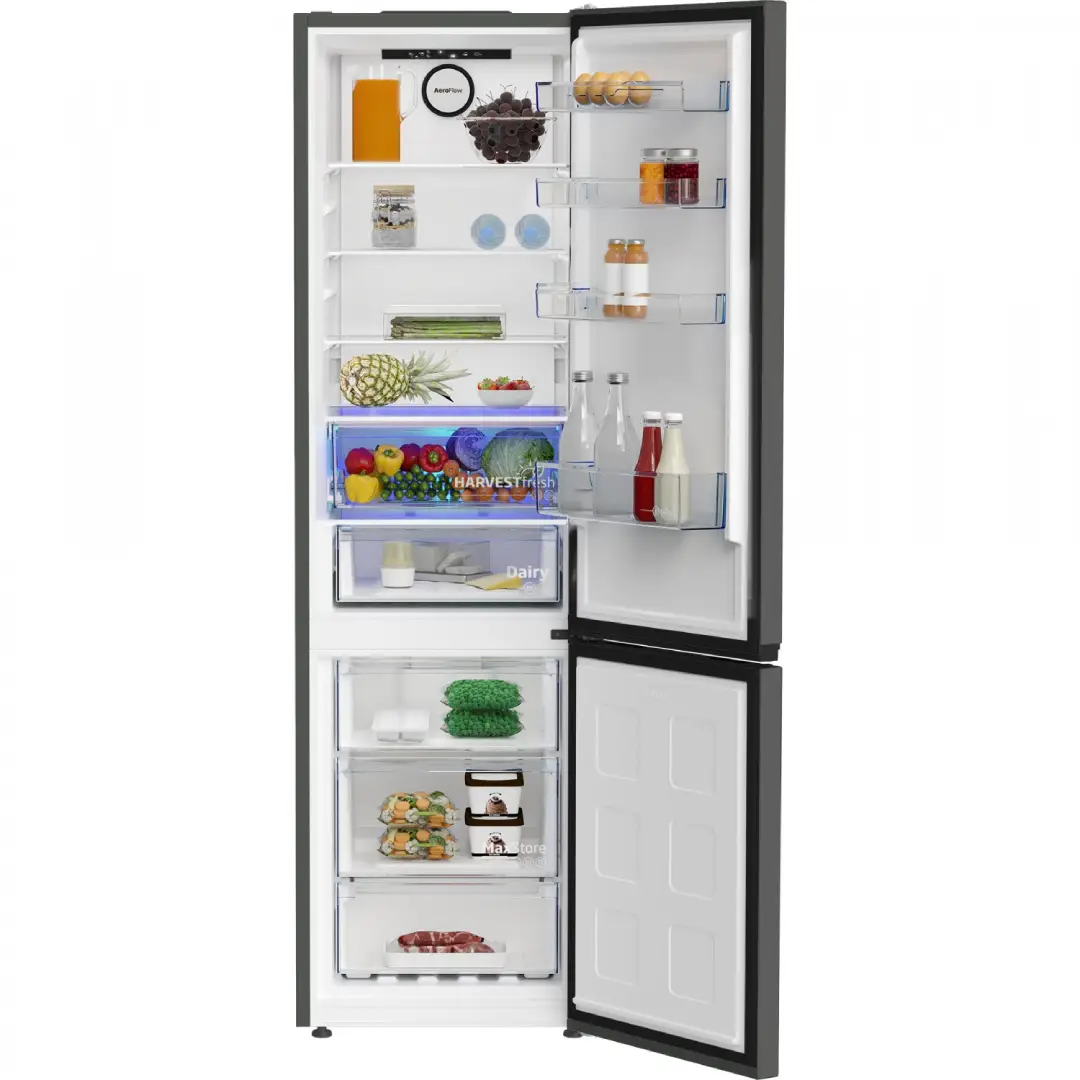 Interior del frigorífico Beko B5XRCNE-406HG completamente lleno, mostrando su amplia capacidad de almacenamiento y organización – Electrocash