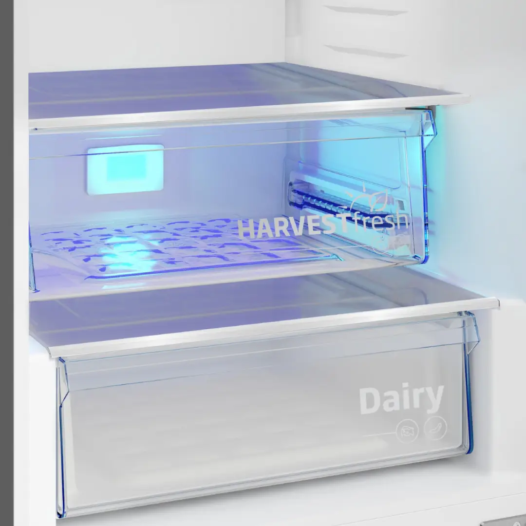 Vista en detalle de los cajones del frigorífico Beko B5XRCNE-406HG, ideales para conservar frutas y verduras frescas gracias a HarvestFresh – Electrocash