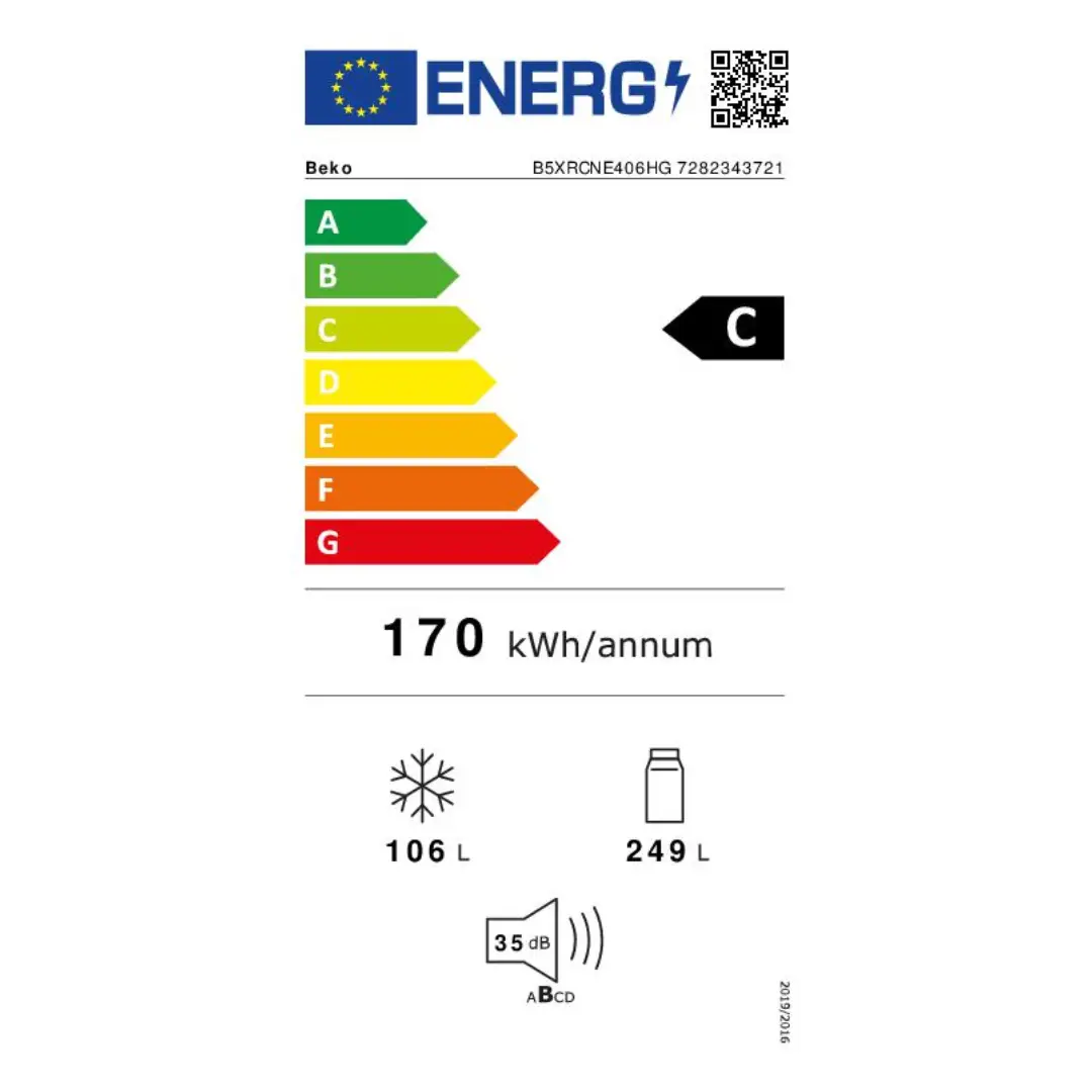 Etiqueta de eficiencia energética del frigorífico Beko B5XRCNE-406HG con información sobre consumo y clase energética C – Electrocash