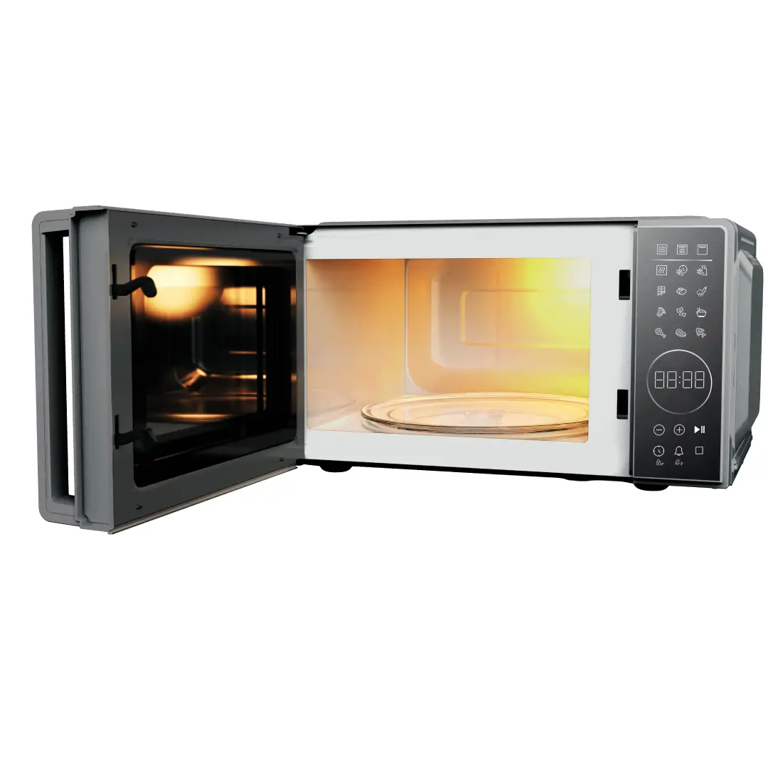 Vista interior del microondas Beko MGC-20130SFB abierto, mostrando su capacidad de 20L y rejilla de grill – Electrocash