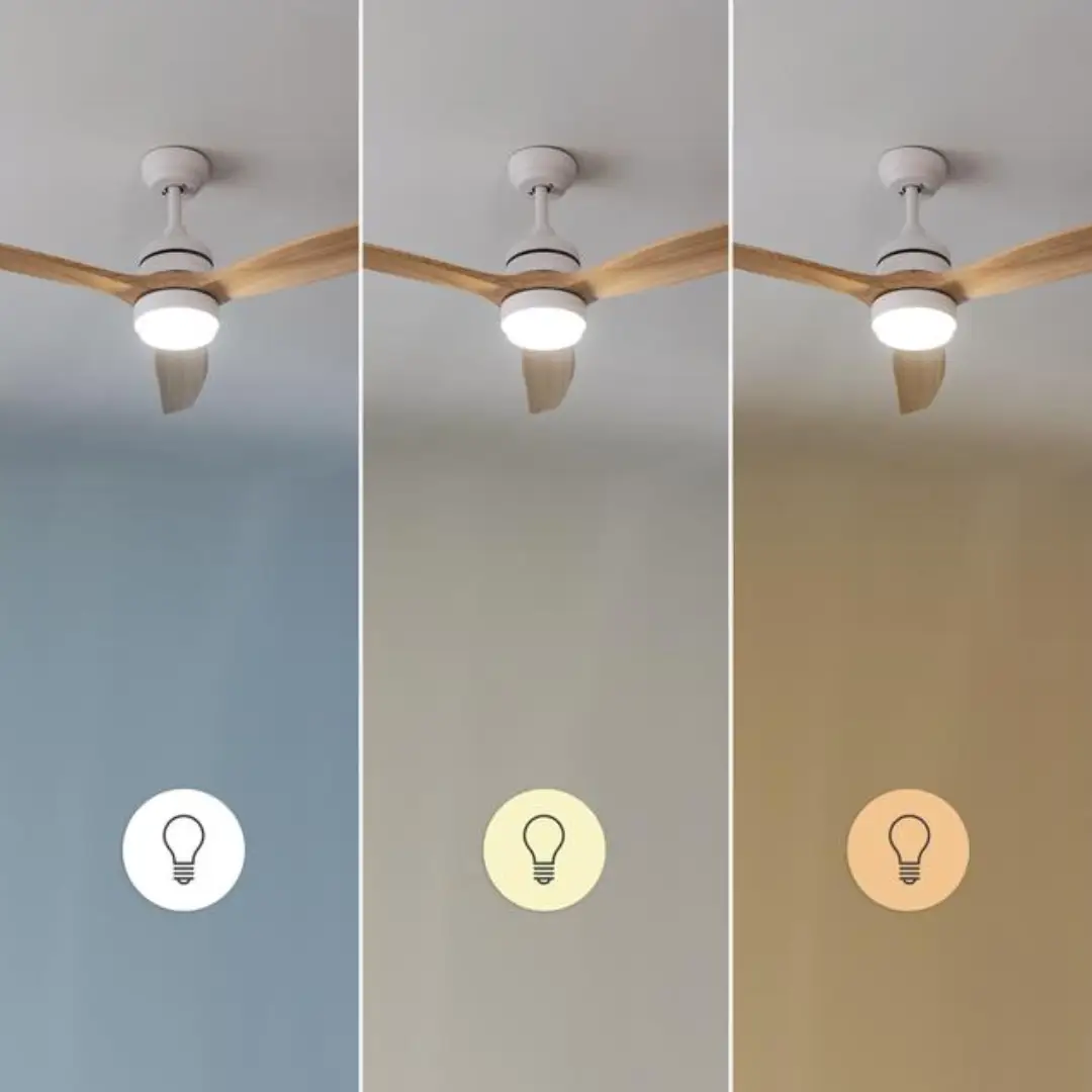Imagen comparativa de los 3 modos de luz LED del ventilador Aero 5275 WhiteWood: cálido, neutro y frío – Electrocash