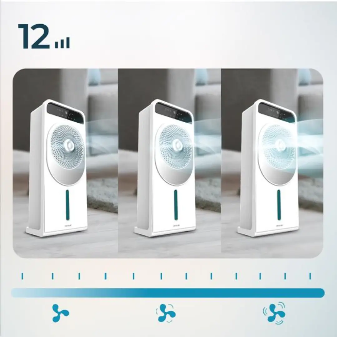 Imagen del panel de control del climatizador Cecotec 08199 mostrando los 12 niveles de velocidad ajustables para una climatización personalizada – Electrocash