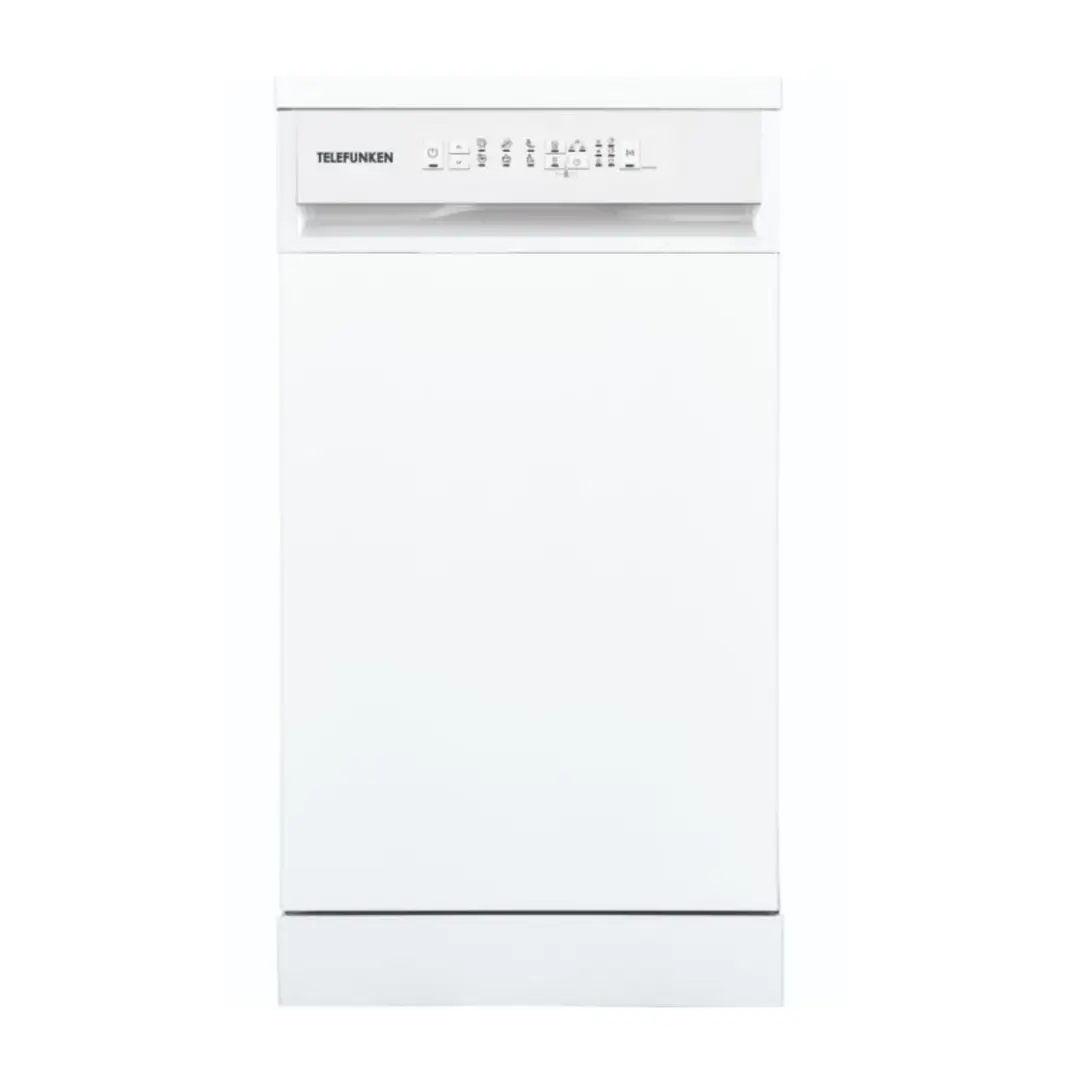 Imagen frontal del lavavajillas compacto Telefunken TLK-046W en color blanco, 45 cm, con capacidad para 10 cubiertos y función de media carga – Electrocash