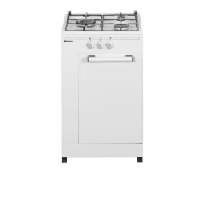Imagen frontal de la cocina blanca JOHNSON COCI-50P3 con 3 fuegos a gas, horno inferior y diseño compacto de 50 cm – Electrocash
