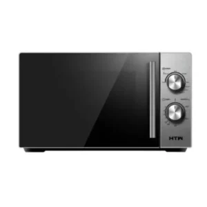 Vista frontal del microondas inoxidable HTW-MIC700CD8 de 20 litros con control mecánico, función descongelación y luz LED – Electrocash