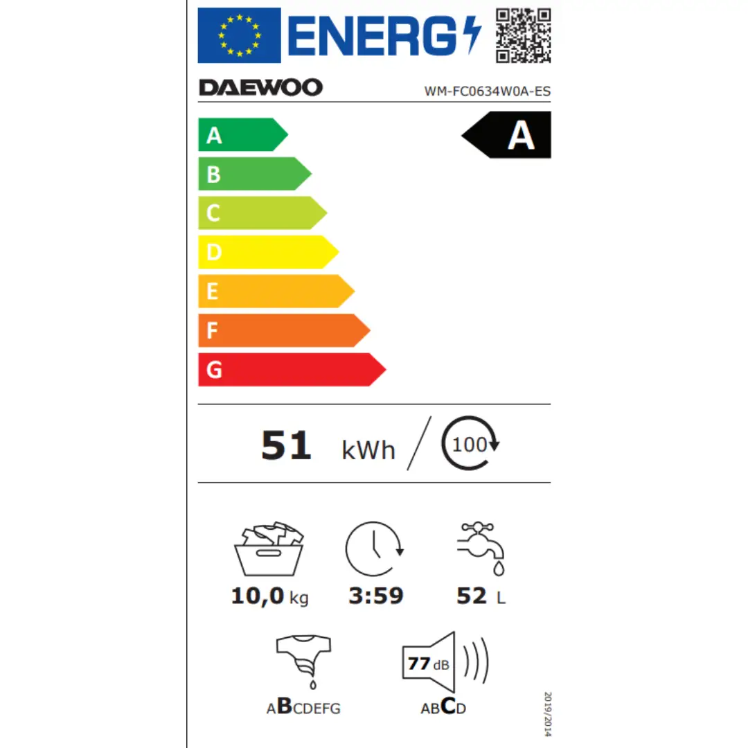 Ficha energética de la lavadora Daewoo WM-FC0634W0A-ES mostrando su eficiencia y características de consumo – Electrocash