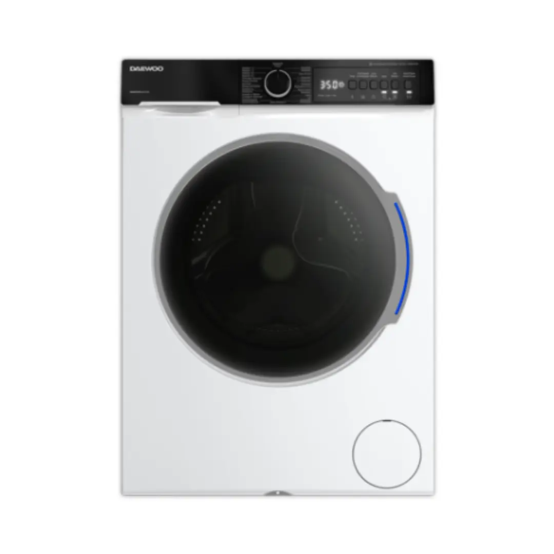Imagen frontal de la lavadora blanca Daewoo WM-FC0634W0A-ES con capacidad de 10 kg, 1400 rpm, motor inverter y función vapor – Electrocash