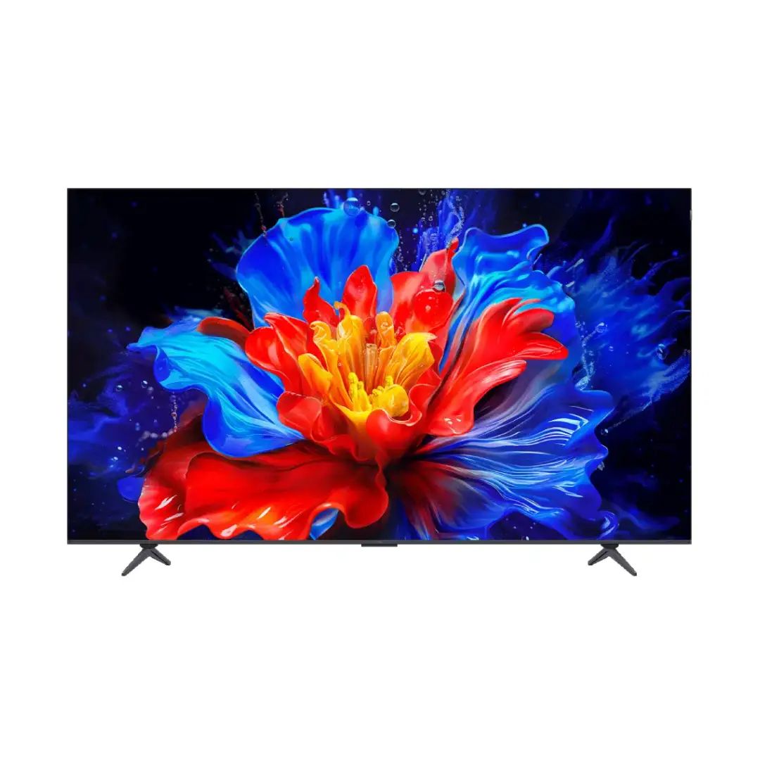 Imagen frontal del televisor QLED TCL 75P8K de 75 pulgadas mostrando su pantalla Ultra HD con diseño elegante y biseles finos – disponible en Electrocash