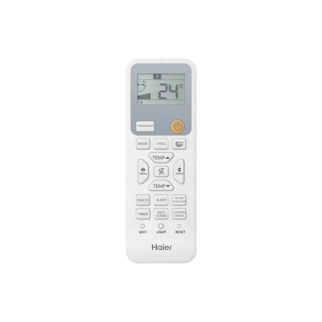 Primer plano del mando del aire acondicionado Haier TIDE R con controles digitales y pantalla LED