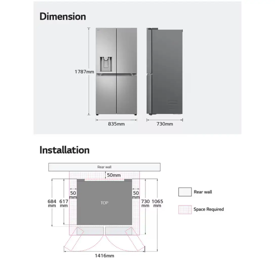 Imagen con las dimensiones del frigorífico LG GML-861PYPE para facilitar su instalación – Electrocash