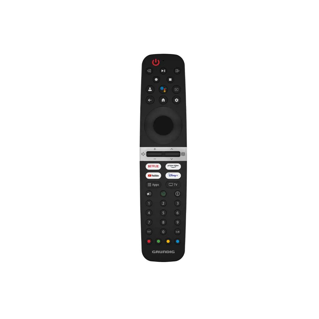 Primer plano del mando del televisor Grundig 50GIQ-8900B con botones dedicados y diseño ergonómico – Electrocash