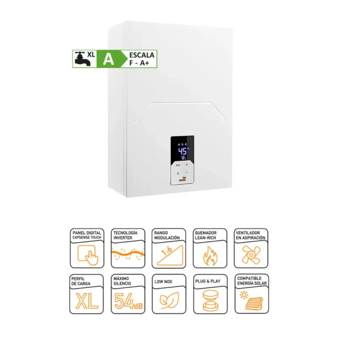 Imagen resaltando las características técnicas del calentador COINTRA CETI‑12B, incluyendo tecnología Bajo NOx y fabricación española – Electrocash