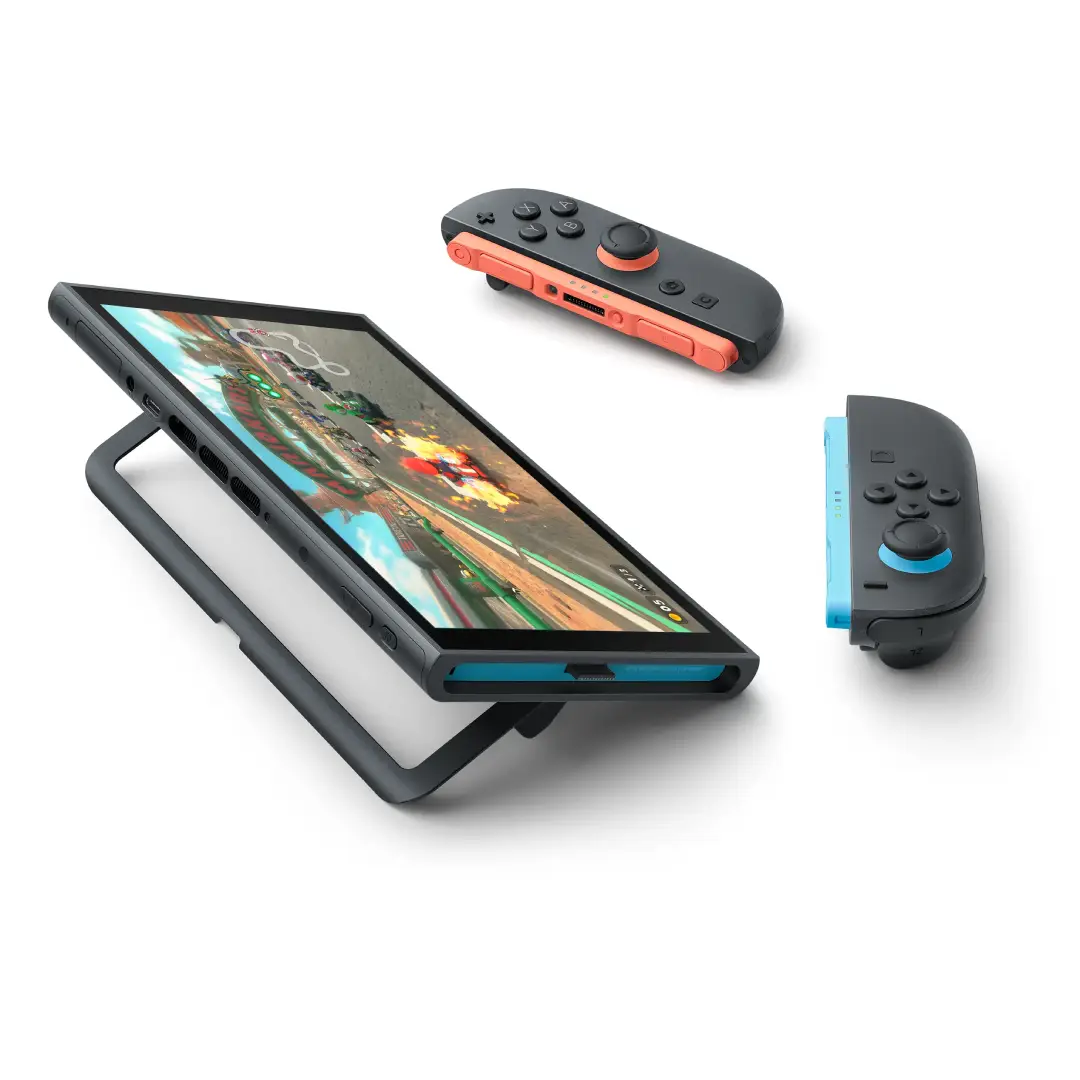 Imagen de la consola Nintendo Switch 2 en modo portátil sin JoyCons acoplados, ideal para transporte o pantalla compartida – Electrocash