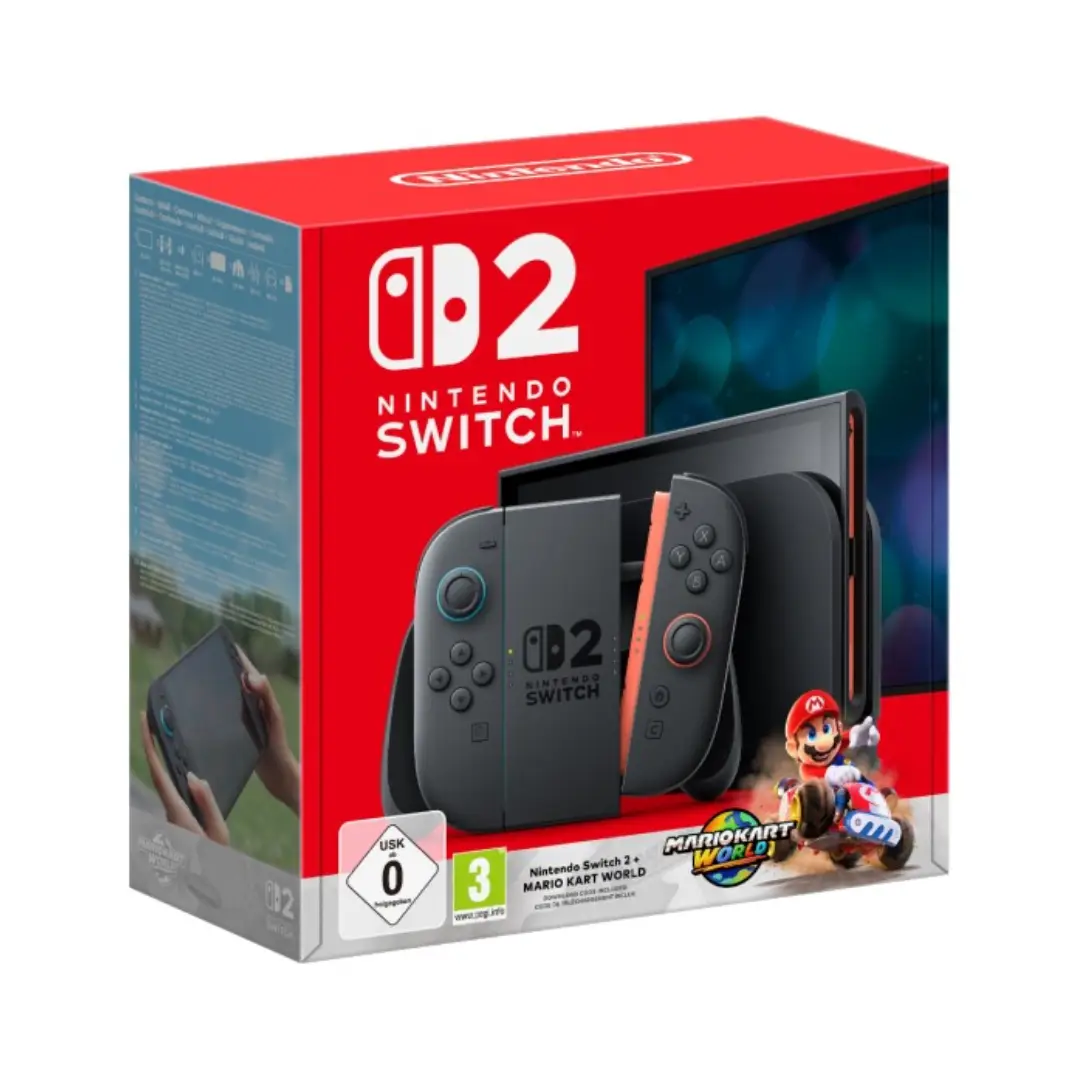 Imagen promocional de la consola Nintendo Switch 2 con Mario Kart World, destacando su diseño moderno y posibilidades de juego – disponible en Electrocash