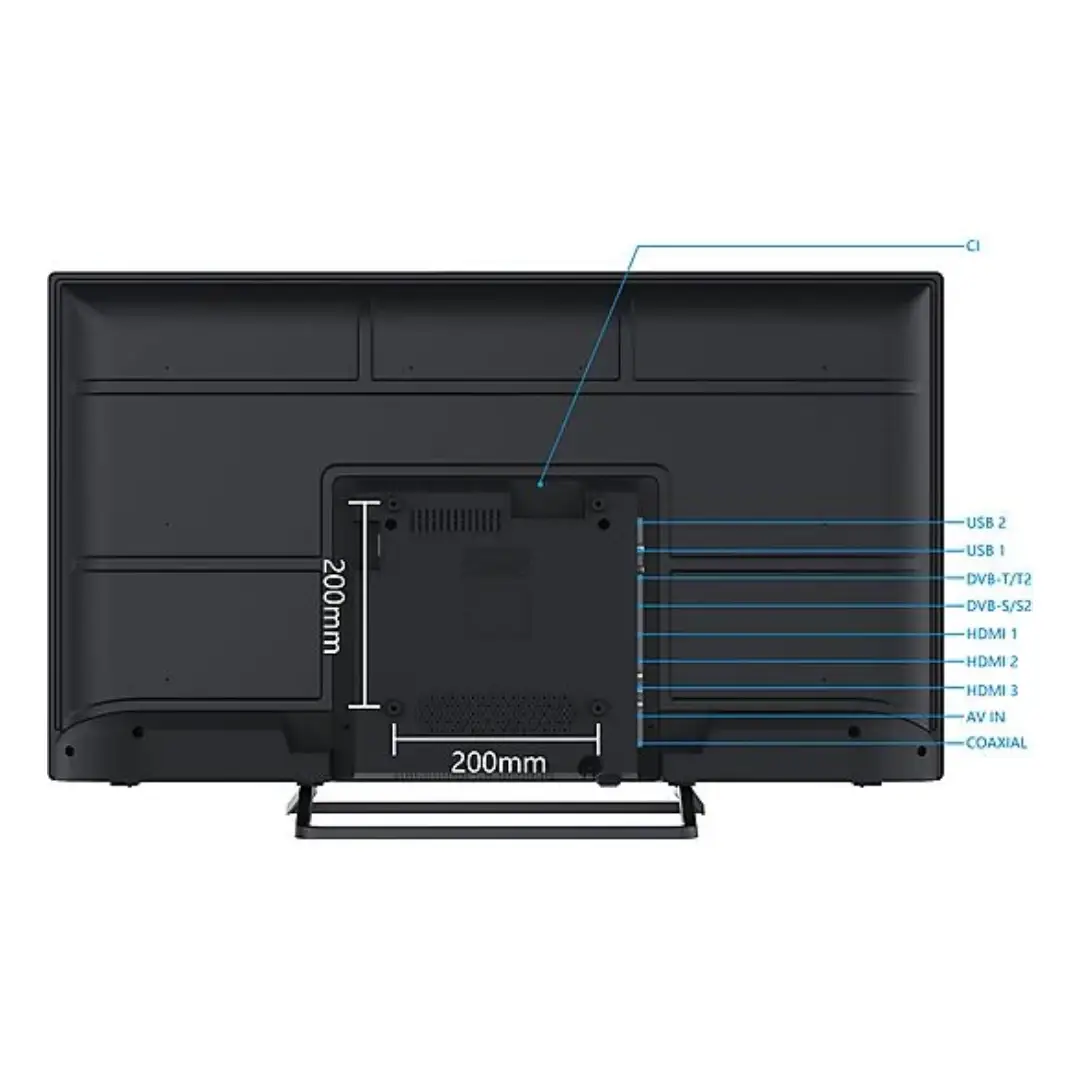 Vista trasera del televisor SMART TECH 40FN10T3 destacando sus puertos y conexiones: HDMI, USB, antena y más – Electrocash