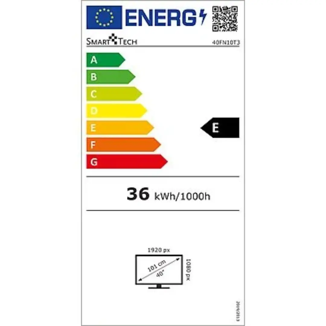 Imagen de la etiqueta de consumo energético del televisor SMART TECH LED 40FN10T3 con clase de eficiencia y datos de consumo – Electrocash