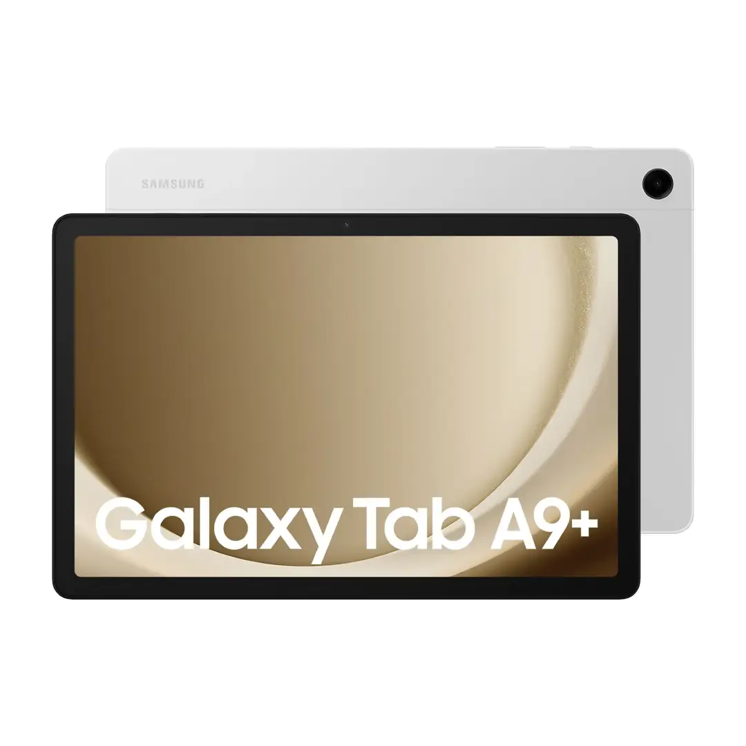 Imagen frontal de la tablet Samsung Galaxy Tab A9+ en color plata con pantalla de 11 pulgadas y diseño moderno – disponible en Electrocash