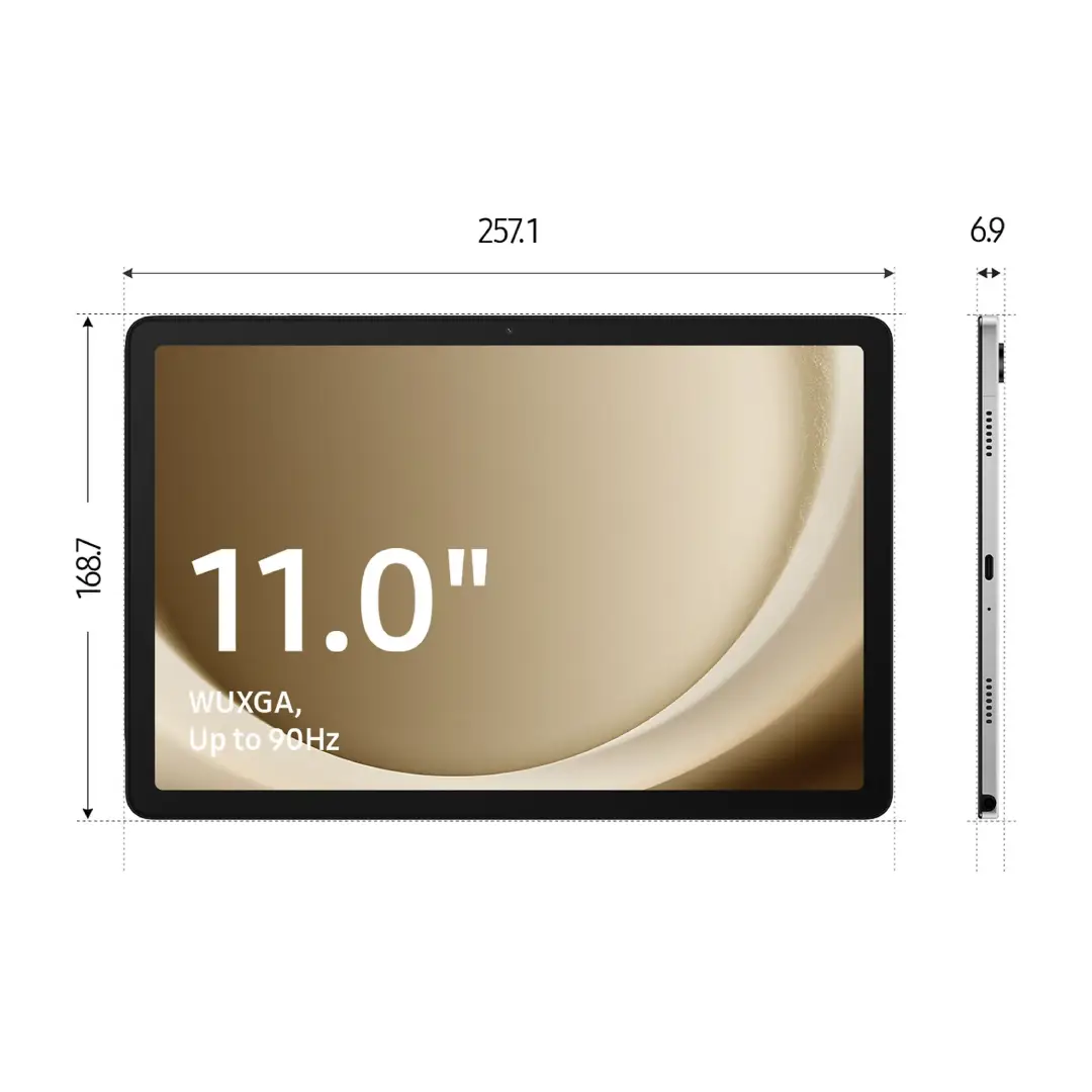 Imagen con las medidas detalladas de la tablet Samsung Galaxy Tab A9+ de 11 pulgadas – Electrocash