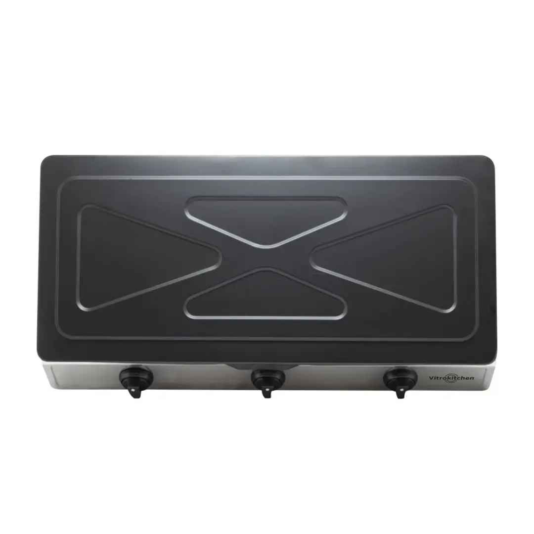 Hornillo a gas Vitrokitchen 3 fuegos 360IB en acero inoxidable con tapa cerrada, diseño compacto y resistente, ahorro energético y alta potencia en Electrocash.