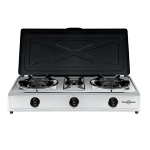 Hornillo a gas Vitrokitchen 3 fuegos modelo 360IB en acero inoxidable, con alta potencia, ahorro energético hasta 25%, compacto y robusto, disponible en Electrocash.
