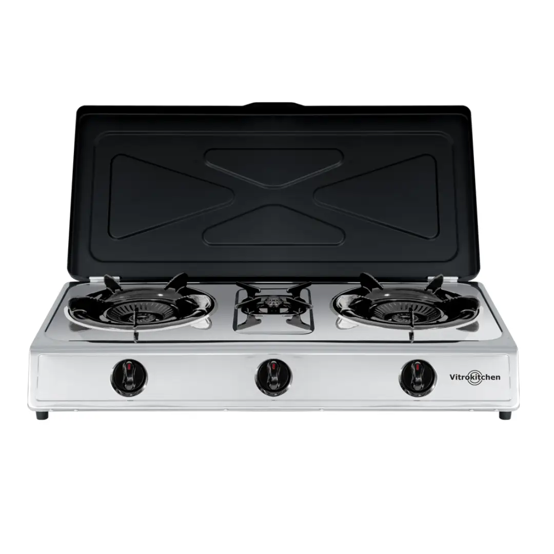 Hornillo a gas Vitrokitchen 3 fuegos modelo 360IB en acero inoxidable, con alta potencia, ahorro energético hasta 25%, compacto y robusto, disponible en Electrocash.